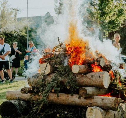 A group of people enjoying an outdoor bonfire during the day in a park setting.