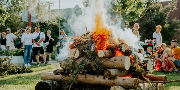 A group of people enjoying an outdoor bonfire during the day in a park setting.